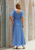 Ankle-Length Chiffon Mother Of The Bride Dress, A-Line Cut, V-Neck, Short Sleeve, With Pleated Sashes BM bride