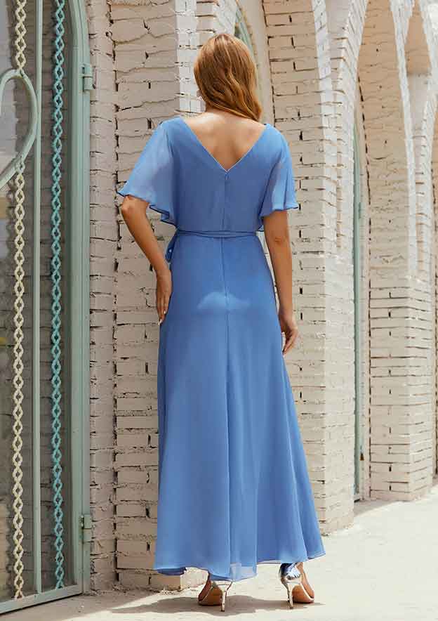 Ankle-Length Chiffon Mother Of The Bride Dress, A-Line Cut, V-Neck, Short Sleeve, With Pleated Sashes BM bride