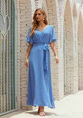 A-line V Neck Ankle-Length Chiffon Mother of the Bride Dress with Pleated Sashes, Short Sleeve BM bride