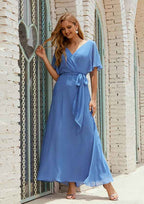 Ankle-Length Chiffon Mother Of The Bride Dress, A-Line Cut, V-Neck, Short Sleeve, With Pleated Sashes BM bride