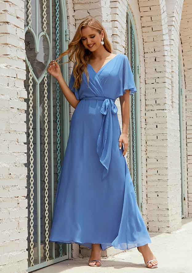 Ankle-Length Chiffon Mother Of The Bride Dress, A-Line Cut, V-Neck, Short Sleeve, With Pleated Sashes BM bride