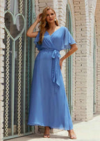 Ankle-Length Chiffon Mother Of The Bride Dress, A-Line Cut, V-Neck, Short Sleeve, With Pleated Sashes BM bride