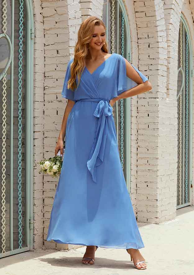 A-line V Neck Ankle-Length Chiffon Mother of the Bride Dress with Pleated Sashes, Short Sleeve BM bride
