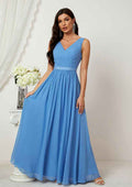 Floor-Length Chiffon Bridesmaid Dress With Pleats, A-Line Design, V-Neck, And Sleeveless BM bride