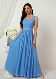 Floor-Length Chiffon Bridesmaid Dress With Pleats, A-Line Design, V-Neck, And Sleeveless BM bride