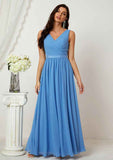 Floor-Length Chiffon Bridesmaid Dress With Pleats, A-Line Design, V-Neck, And Sleeveless BM bride
