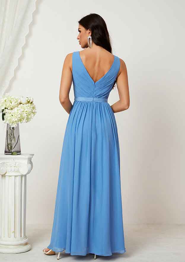 Floor-Length Chiffon Bridesmaid Dress With Pleats, A-Line Design, V-Neck, And Sleeveless BM bride