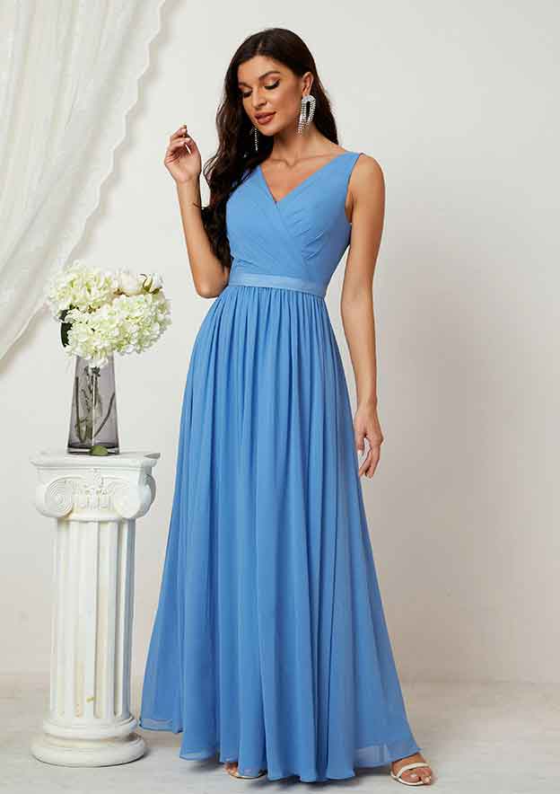 Floor-Length Chiffon Bridesmaid Dress With Pleats, A-Line Design, V-Neck, And Sleeveless BM bride