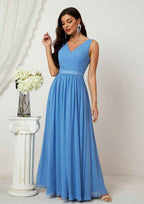 Floor-Length Chiffon Bridesmaid Dress With Pleats, A-Line Design, V-Neck, And Sleeveless BM bride