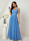 Floor-Length Chiffon Bridesmaid Dress With Pleats, A-Line Design, V-Neck, And Sleeveless BM bride