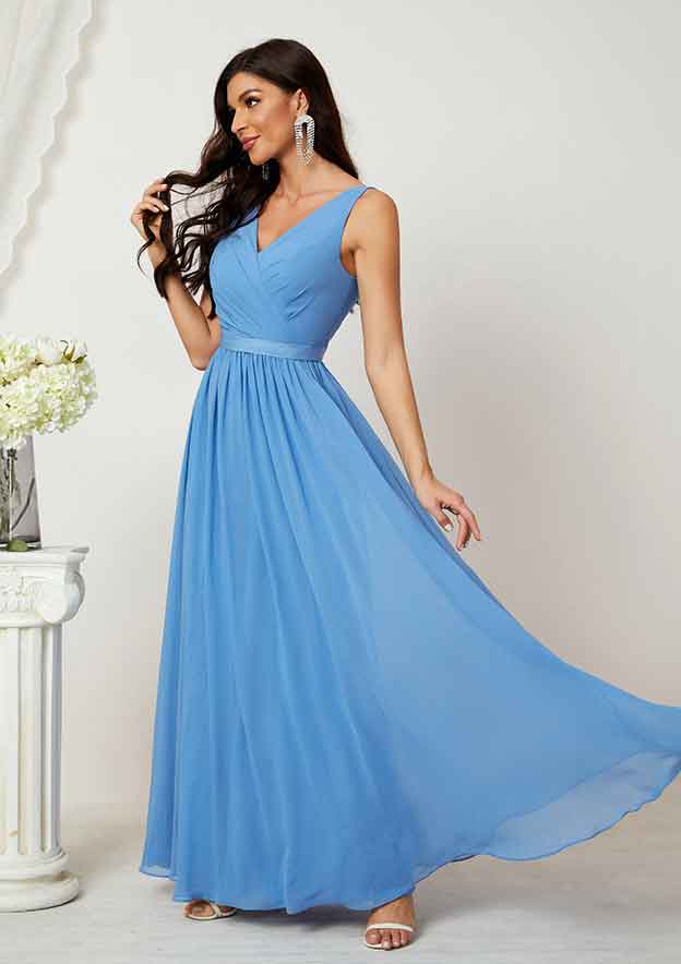 Floor-Length Chiffon Bridesmaid Dress With Pleats, A-Line Design, V-Neck, And Sleeveless BM bride