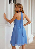Knee-Length Chiffon Bridesmaid Dress, A-Line Cut, Halter Neck, Sleeveless, With Pleated BM bride