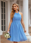 Knee-Length Chiffon Bridesmaid Dress, A-Line Cut, Halter Neck, Sleeveless, With Pleated BM bride