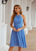 Knee-Length Chiffon Bridesmaid Dress, A-Line Cut, Halter Neck, Sleeveless, With Pleated BM bride