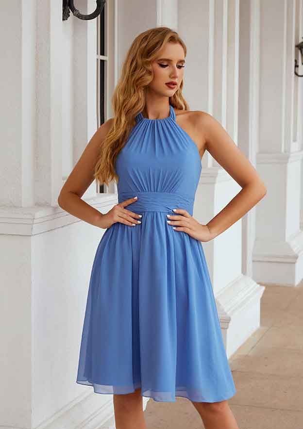 Knee-Length Chiffon Bridesmaid Dress, A-Line Cut, Halter Neck, Sleeveless, With Pleated BM bride