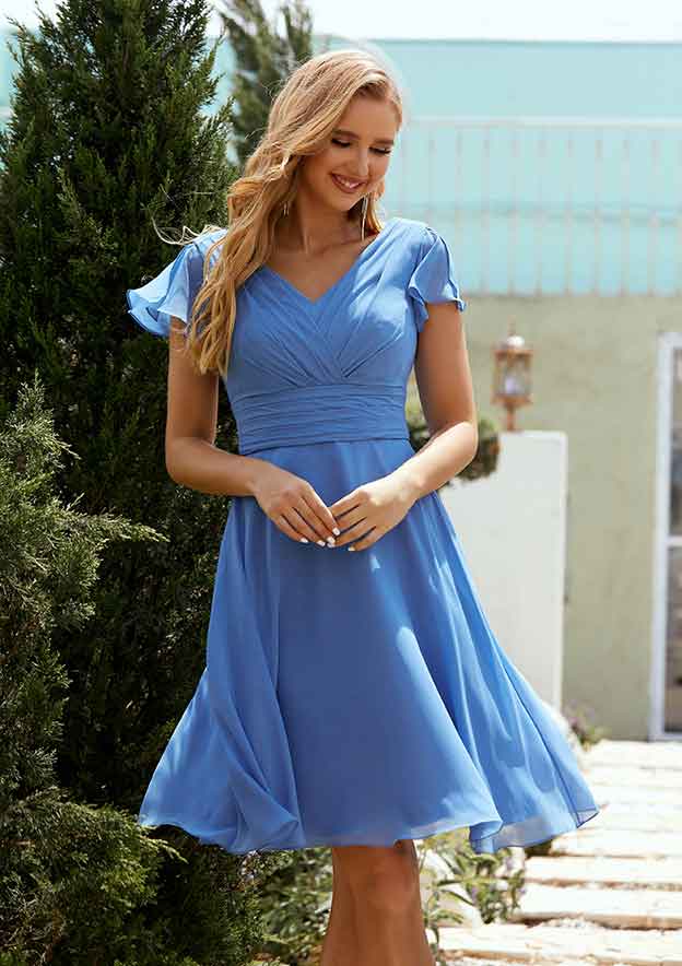 Short/Mini Chiffon Bridesmaid Dress, A-Line Cut, V-Neck, Short Sleeve, With Pleated BM bride