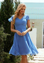 Short/Mini Chiffon Bridesmaid Dress, A-Line Cut, V-Neck, Short Sleeve, With Pleated BM bride