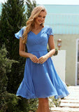 Short/Mini Chiffon Bridesmaid Dress, A-Line Cut, V-Neck, Short Sleeve, With Pleated BM bride