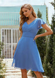 Short/Mini Chiffon Bridesmaid Dress, A-Line Cut, V-Neck, Short Sleeve, With Pleated BM bride