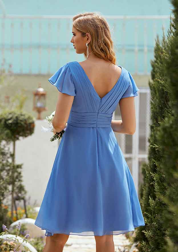 Short/Mini Chiffon Bridesmaid Dress, A-Line Cut, V-Neck, Short Sleeve, With Pleated BM bride