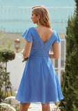 Short/Mini Chiffon Bridesmaid Dress, A-Line Cut, V-Neck, Short Sleeve, With Pleated BM bride