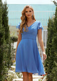 Short/Mini Chiffon Bridesmaid Dress, A-Line Cut, V-Neck, Short Sleeve, With Pleated BM bride