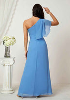 Long/Floor-Length Chiffon Bridesmaid Dress, A-Line Cut, One-Shoulder, Sleeveless, With Pleated Split BM bride