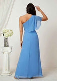 Long/Floor-Length Chiffon Bridesmaid Dress, A-Line Cut, One-Shoulder, Sleeveless, With Pleated Split BM bride