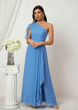 Long/Floor-Length Chiffon Bridesmaid Dress, A-Line Cut, One-Shoulder, Sleeveless, With Pleated Split BM bride