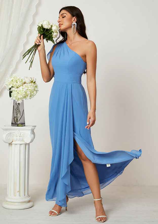 Long/Floor-Length Chiffon Bridesmaid Dress, A-Line Cut, One-Shoulder, Sleeveless, With Pleated Split BM bride