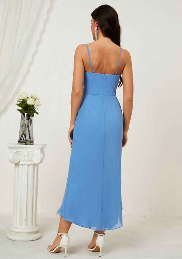 Asymmetrical Chiffon Bridesmaid Dress In Sheath/Column Shape, Sweetheart Neck, Sleeveless, With Pleats And Split BM bride