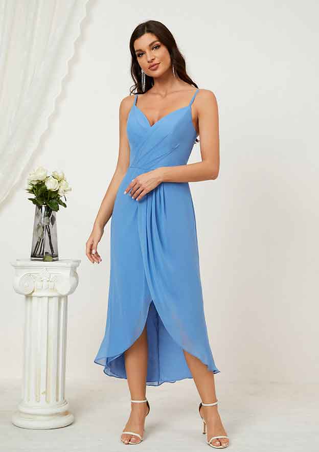 Asymmetrical Chiffon Bridesmaid Dress In Sheath/Column Shape, Sweetheart Neck, Sleeveless, With Pleats And Split BM bride
