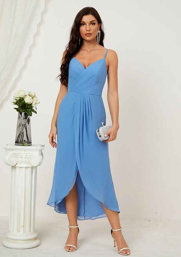Asymmetrical Chiffon Bridesmaid Dress In Sheath/Column Shape, Sweetheart Neck, Sleeveless, With Pleats And Split BM bride