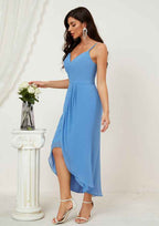Asymmetrical Chiffon Bridesmaid Dress In Sheath/Column Shape, Sweetheart Neck, Sleeveless, With Pleats And Split BM bride
