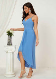 Asymmetrical Chiffon Bridesmaid Dress In Sheath/Column Shape, Sweetheart Neck, Sleeveless, With Pleats And Split BM bride