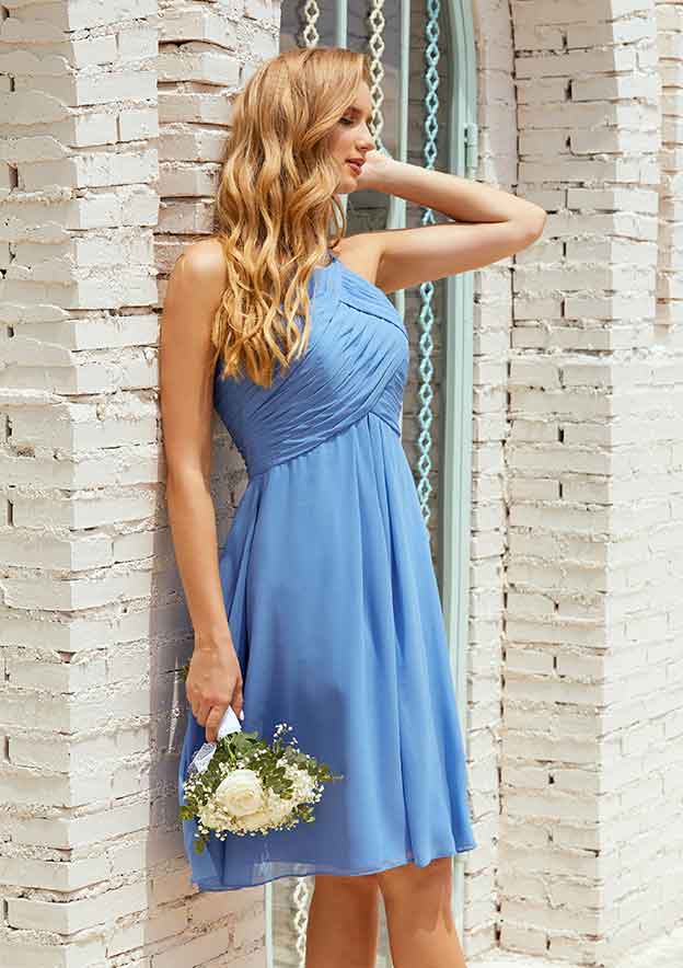 Short/Mini Chiffon Bridesmaid Dress, Empire A-Line Halter Style, Sleeveless, With Pleated BM bride