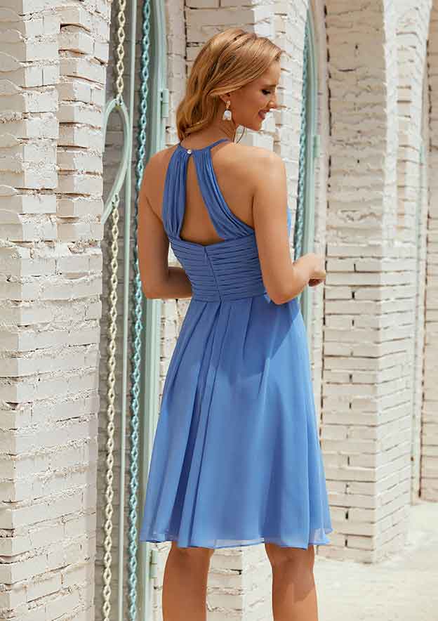 Short/Mini Chiffon Bridesmaid Dress, Empire A-Line Halter Style, Sleeveless, With Pleated BM bride