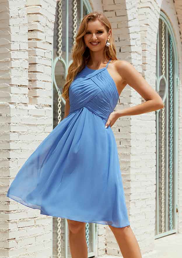 Short/Mini Chiffon Bridesmaid Dress, Empire A-Line Halter Style, Sleeveless, With Pleated BM bride