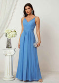 Floor-Length Chiffon Bridesmaid Dress In A-Line Style, V-Neck, Sleeveless, Adorned With Pleats And Split BM bride