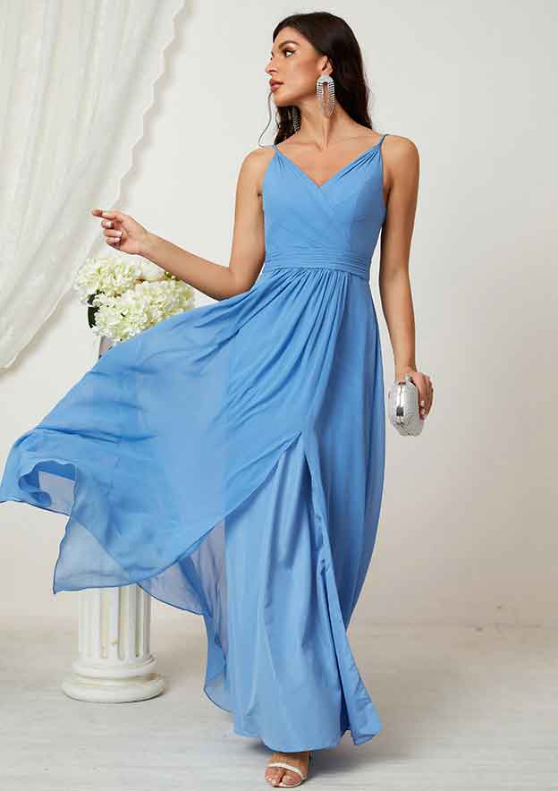 Floor-Length Chiffon Bridesmaid Dress In A-Line Style, V-Neck, Sleeveless, Adorned With Pleats And Split BM bride