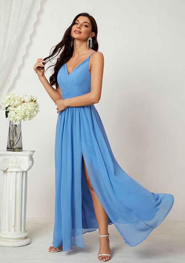 Floor-Length Chiffon Bridesmaid Dress In A-Line Style, V-Neck, Sleeveless, Adorned With Pleats And Split BM bride