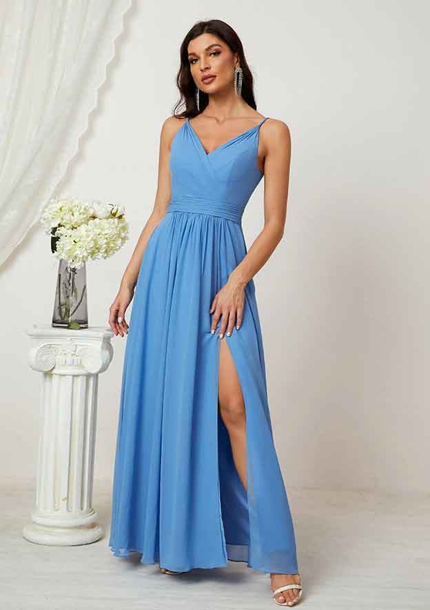 Floor-Length Chiffon Bridesmaid Dress In A-Line Style, V-Neck, Sleeveless, Adorned With Pleats And Split BM bride