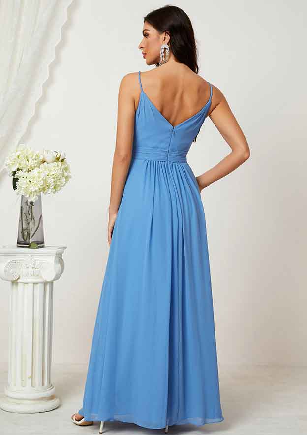 Floor-Length Chiffon Bridesmaid Dress In A-Line Style, V-Neck, Sleeveless, Adorned With Pleats And Split BM bride