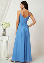 Floor-Length Chiffon Bridesmaid Dress In A-Line Style, V-Neck, Sleeveless, Adorned With Pleats And Split BM bride