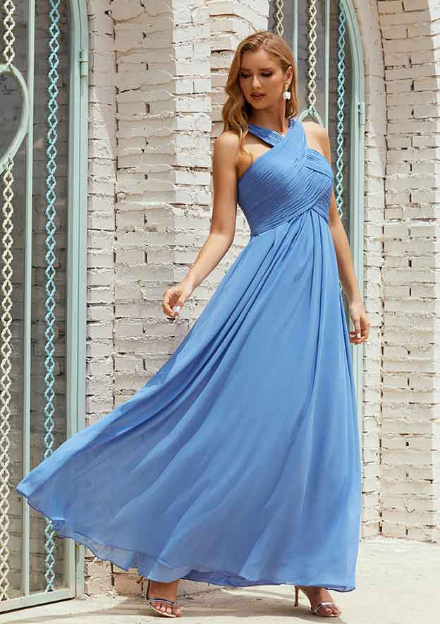 Bridesmaid Dress A-line Empire Halter Sleeveless Chiffon Long/Floor-Length with Pleated BM bride