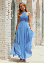 Bridesmaid Dress A-line Empire Halter Sleeveless Chiffon Long/Floor-Length with Pleated BM bride