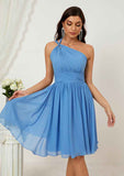 Knee-Length Chiffon Bridesmaid Dress, A-Line Cut, One-Shoulder, Sleeveless, With Pleated BM bride