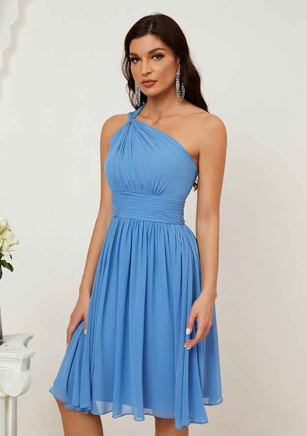 Knee-Length Chiffon Bridesmaid Dress, A-Line Cut, One-Shoulder, Sleeveless, With Pleated BM bride