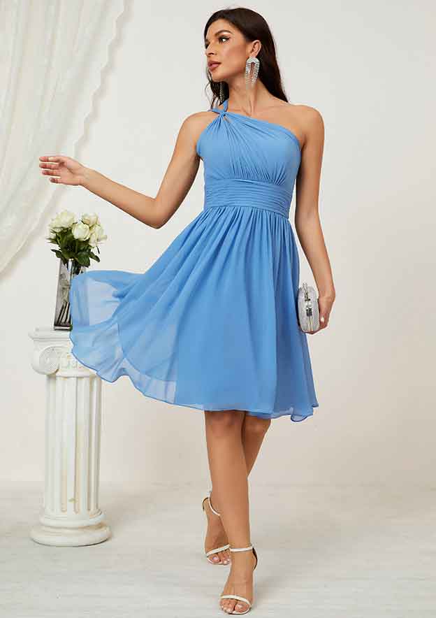Knee-Length Chiffon Bridesmaid Dress, A-Line Cut, One-Shoulder, Sleeveless, With Pleated BM bride