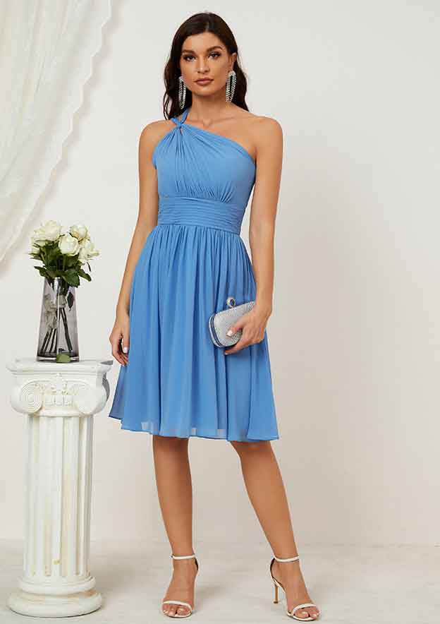 Knee-Length Chiffon Bridesmaid Dress, A-Line Cut, One-Shoulder, Sleeveless, With Pleated BM bride